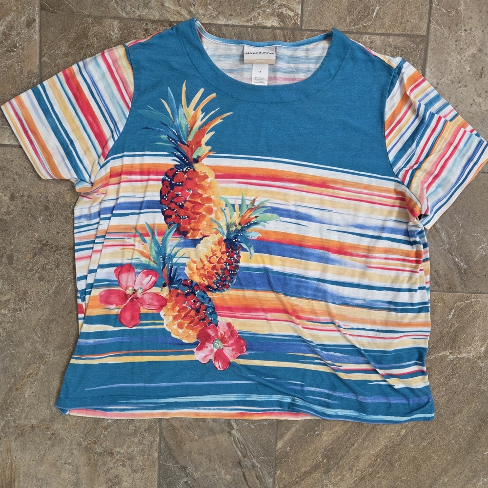 Alfred Dunner Colorful Striped‎ Tee with Pineapple Design Fun Tropical Women XL